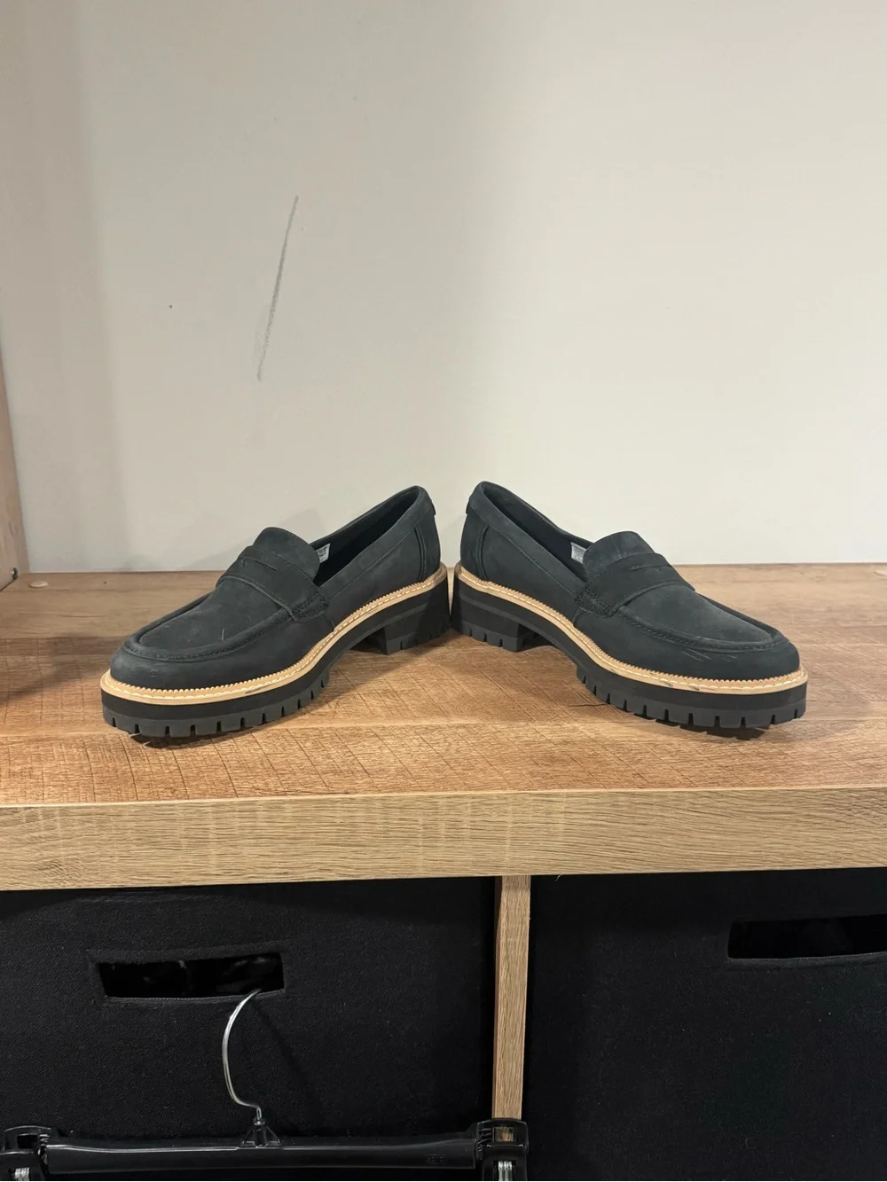 Toms Black Suede Lug Sole Penny Loafers